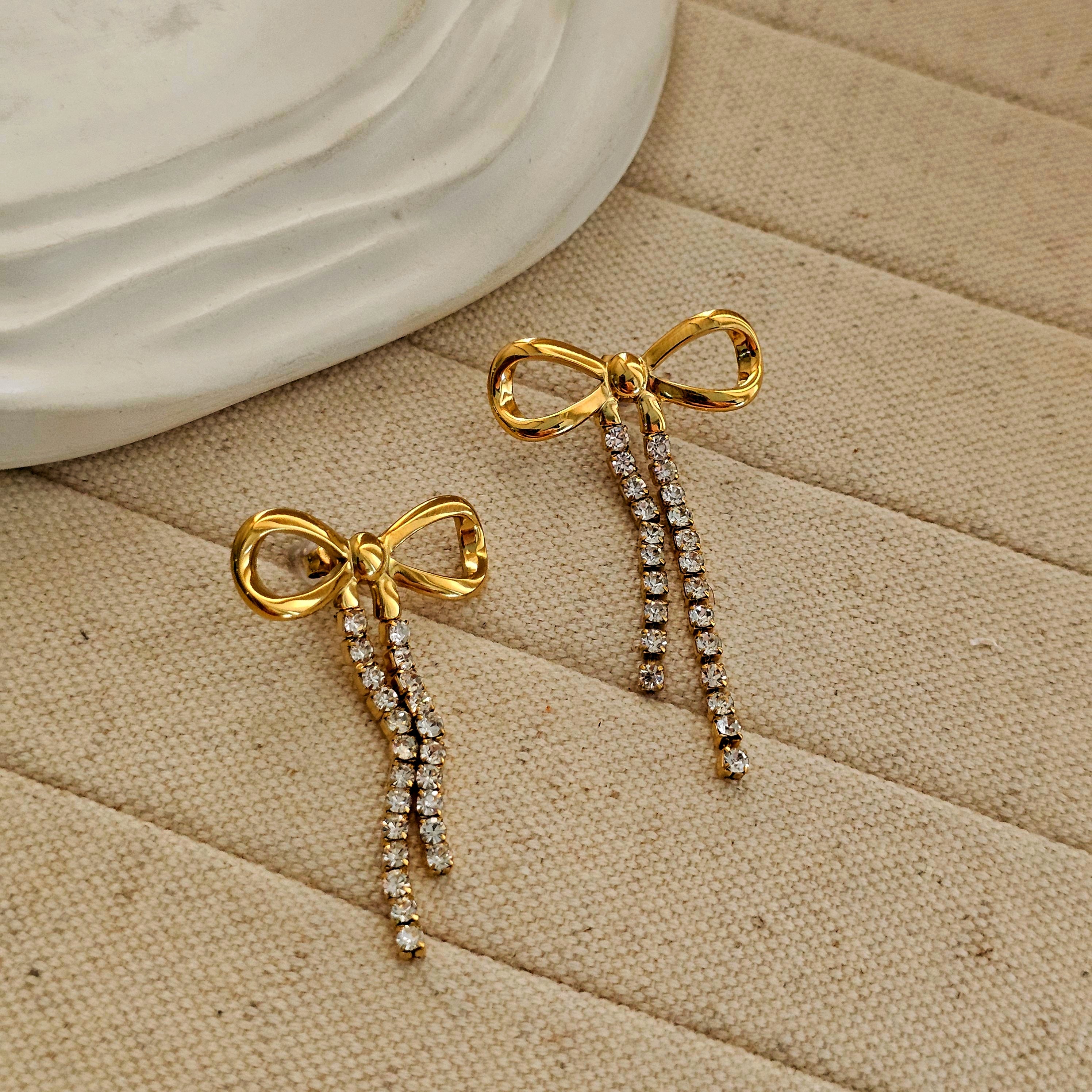 Bow Zircon Dangle Earrings-1  taahirajewellery