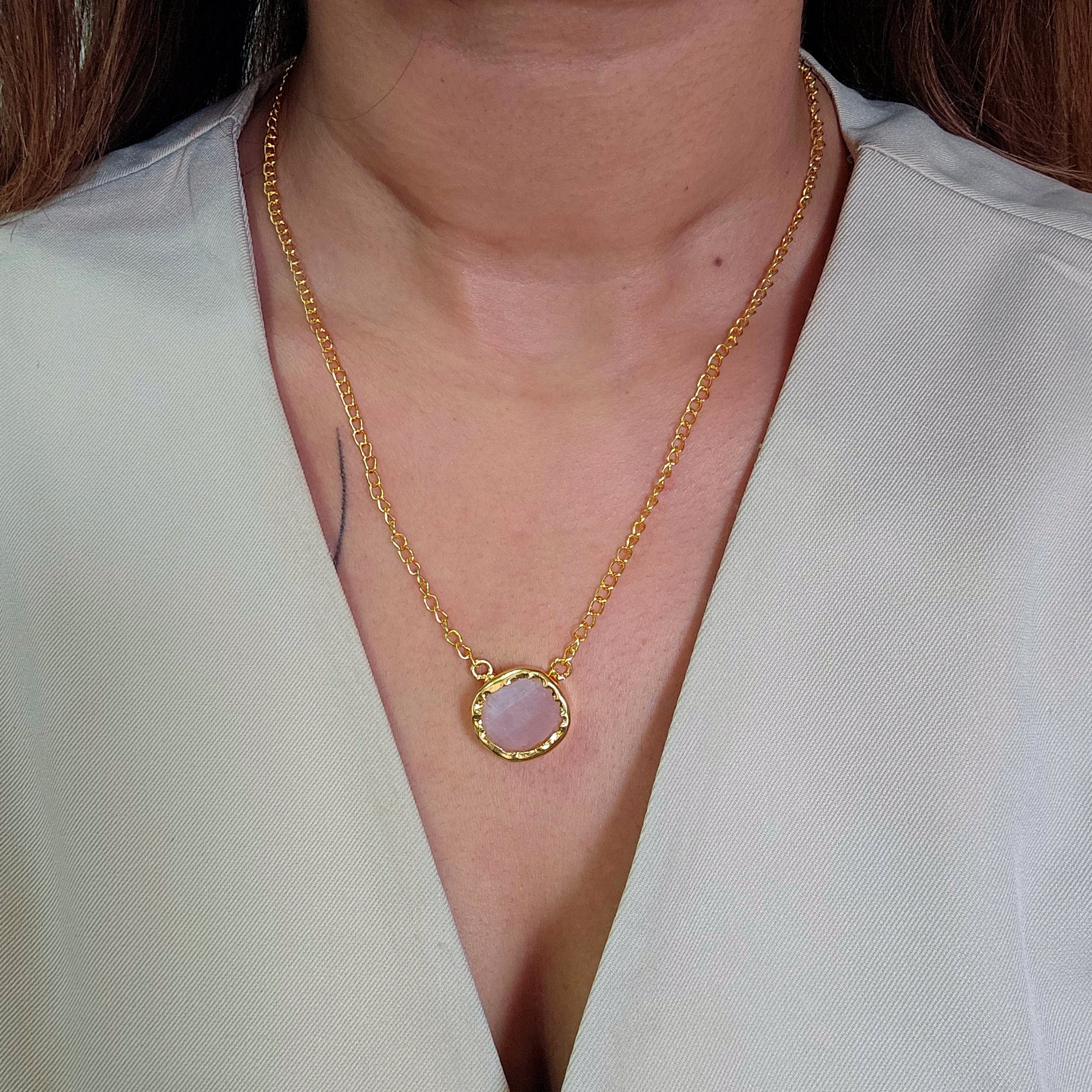 Rose Quartz Stud Brass Necklace-2  taahirajewellery