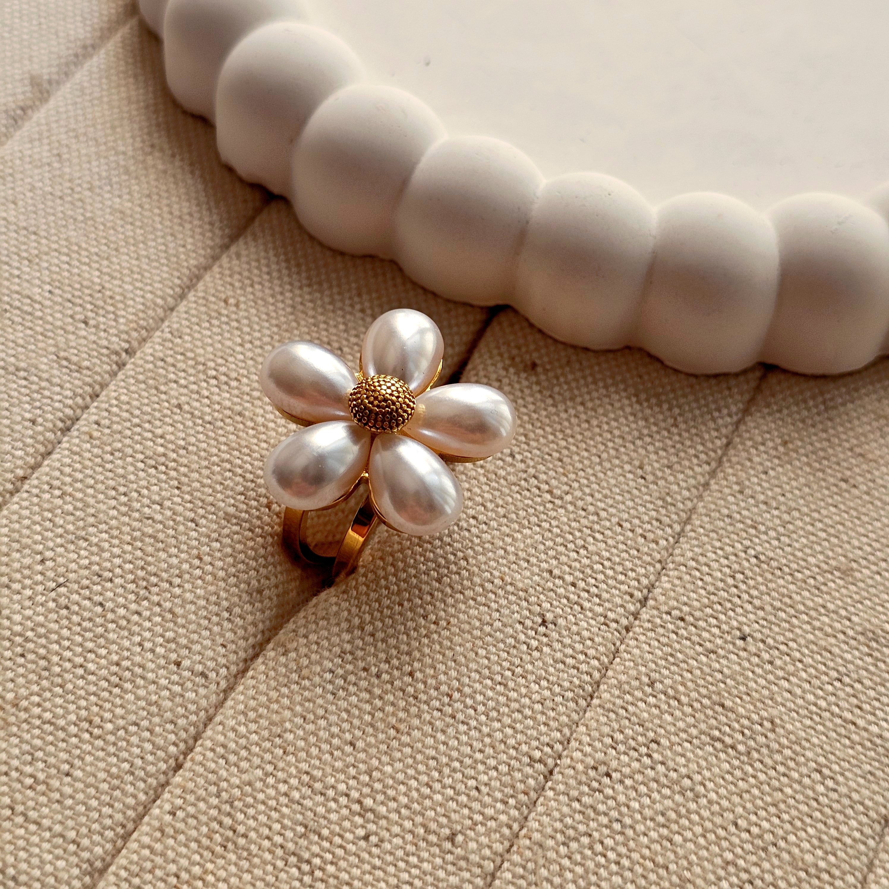 Bold Pearl Flower Adjustable Ring-2  taahirajewellery