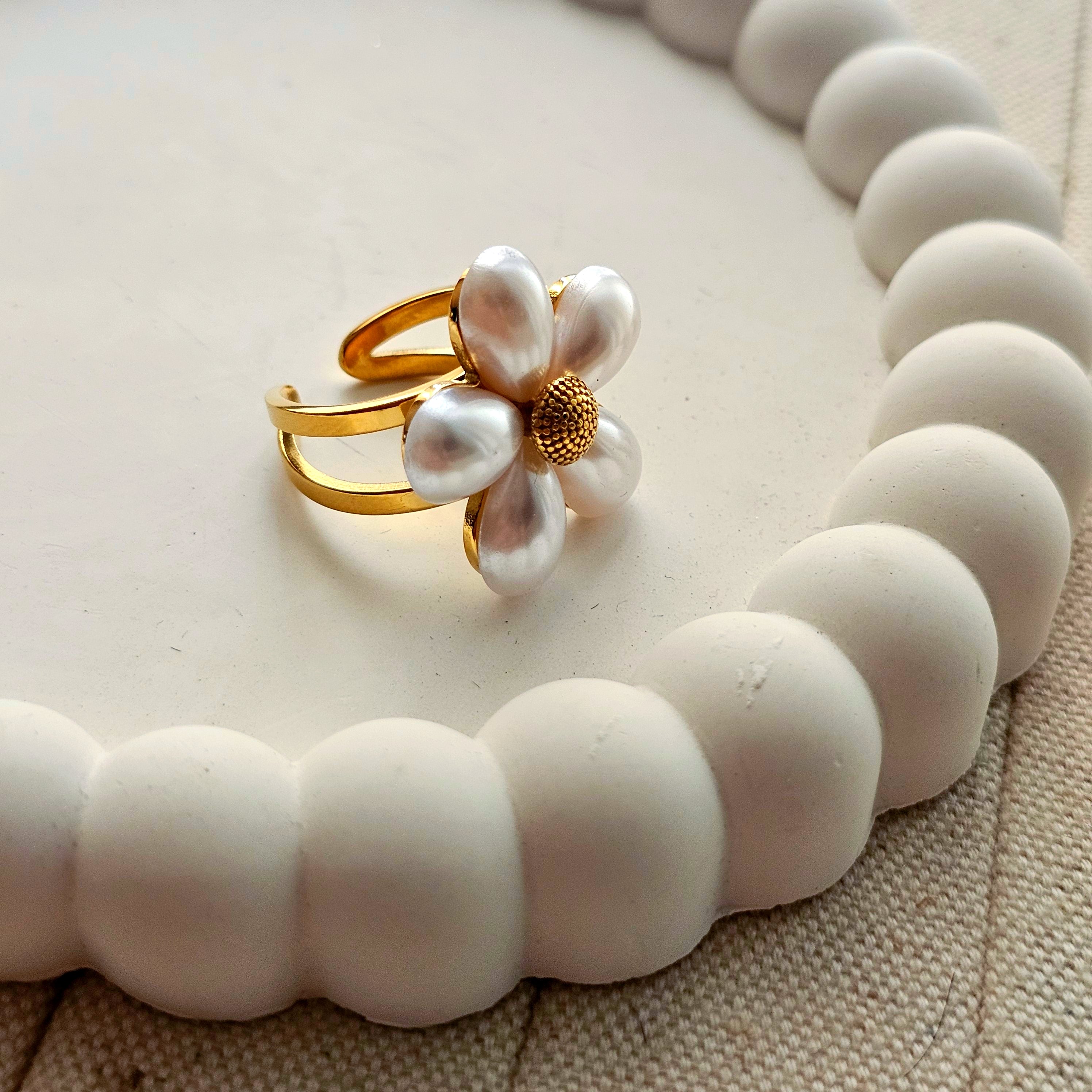 Bold Pearl Flower Adjustable Ring-1  taahirajewellery